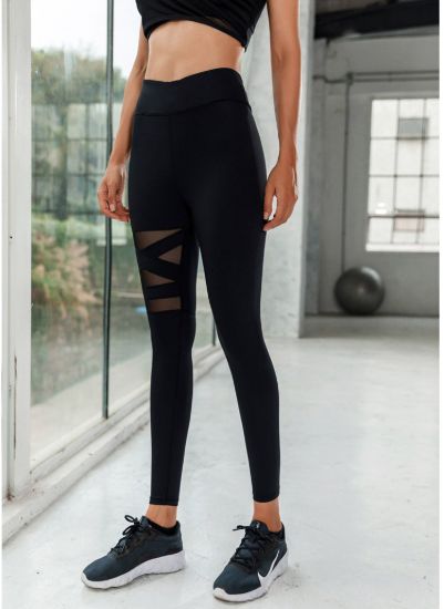 图片 单边网纱拼接打底裤 性感透视瑜伽裤 弹力运动舞蹈裤女