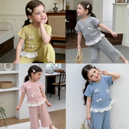 Picture of Girls' Baby Suit 2026 Summer New Lace Bow Top Loose Wide Leg Pants Two-piece Set
