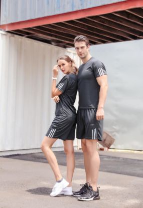 图片 男士透气运动速干衣套装夏季新款短袖男式跑步情侣运动服五分短裤