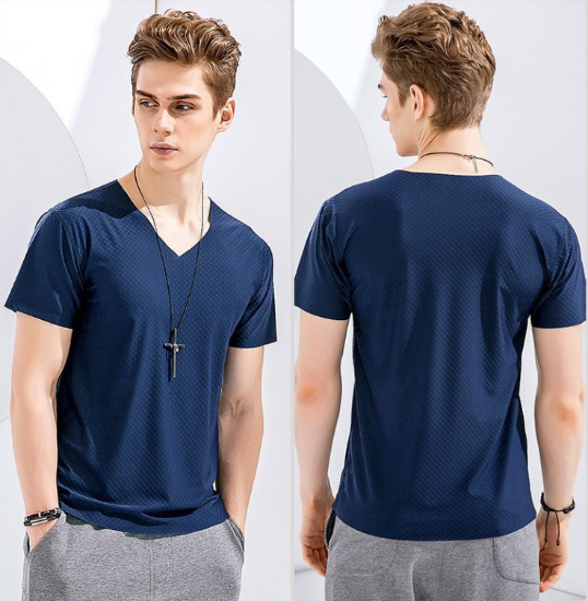 Picture of Ice Silk Traceless Plaid Short-sleeved T-shirt Men's V-neck Summer Thin Stretch Top Grid Sports Quick-drying T-shirt Half-sleeved