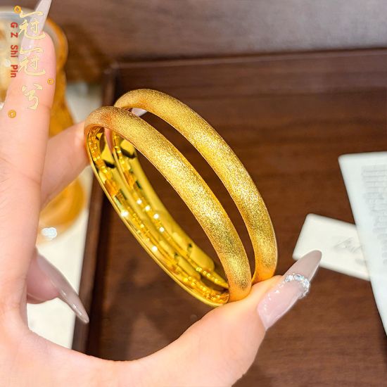 图片 高保色铜镀金饰品丝绒泥鳅背手镯实心闭口拉丝素圈金镯子里外一色