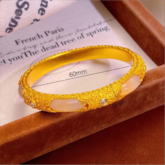 图片 黄铜镀金宫廷风玉石花丝手镯 女士复古精致时尚花丝金玉良缘镯子