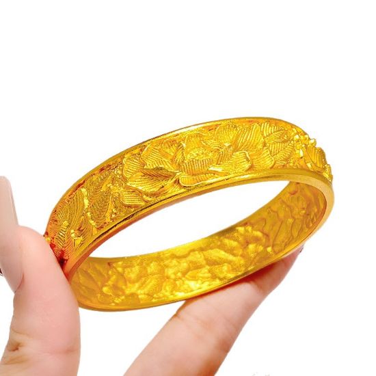 图片 錾刻牡丹花沙金手镯不掉色 金店同款黄铜镀金镯子富贵花朵百搭女